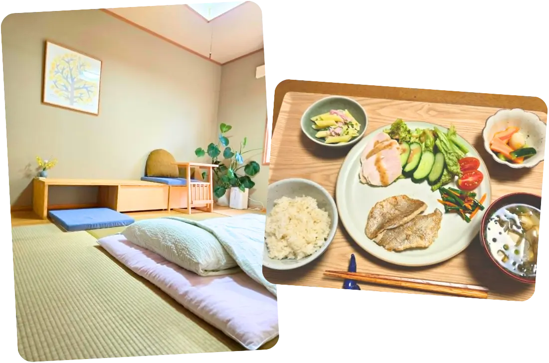 福山市で産後の日帰り型ケアをしているビアース助産院の和室と手作りランチ